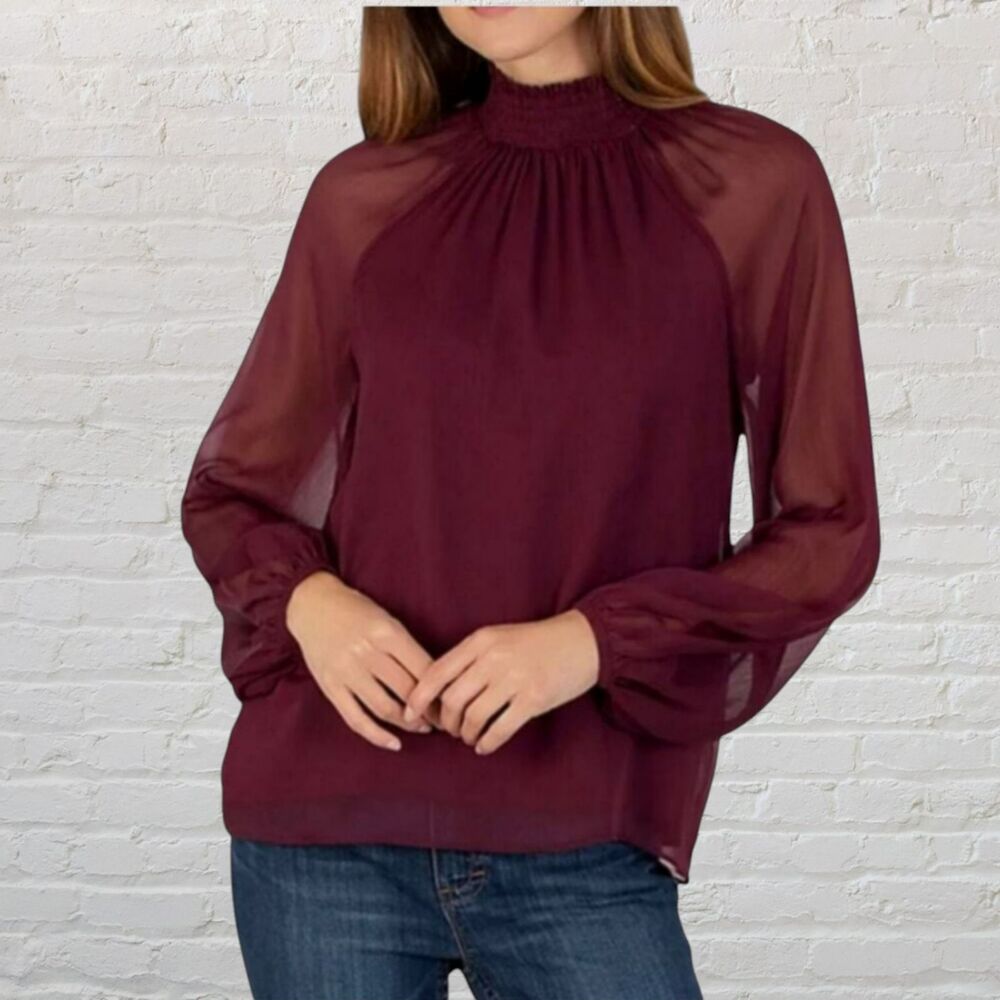 Joie Burgundy Smocked Mesh Blouse Size M NWT Party Old Money Officewear Elegant